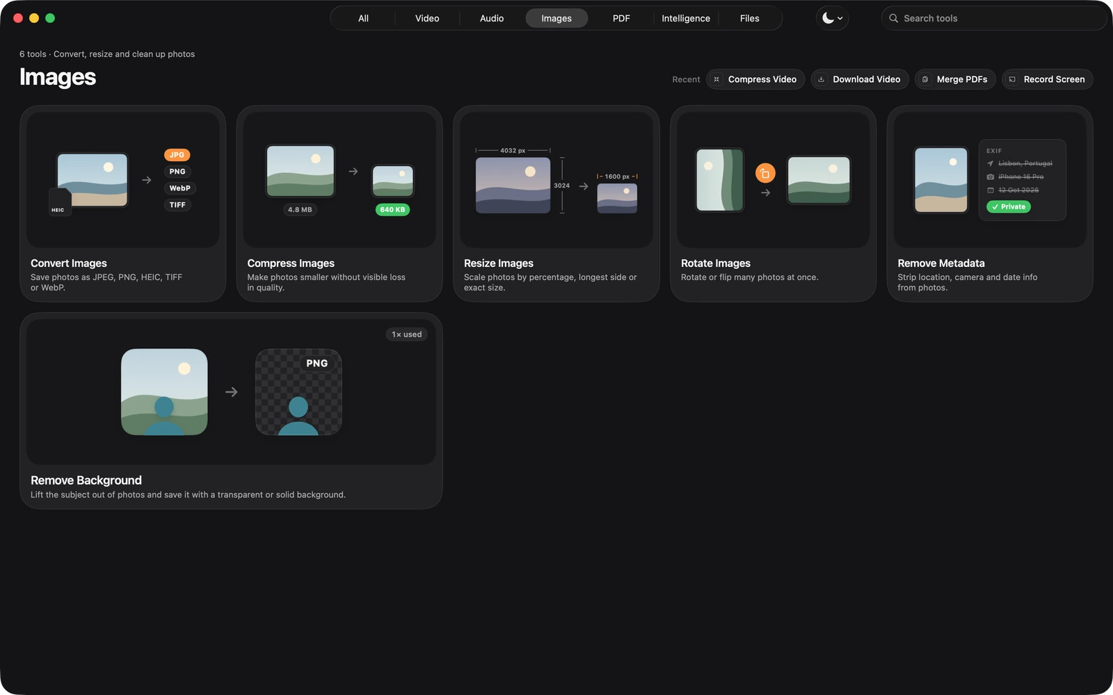 The Images category in Toolbox: Convert, Compress, Resize, Rotate, Remove Metadata and Remove Background.
