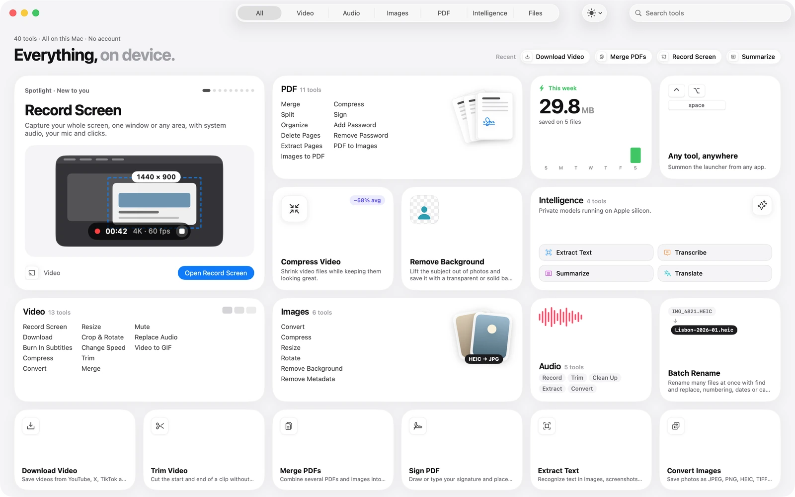 The Toolbox home screen, a grid of tiles for Record Screen, the PDF tools, Compress Video, Remove Background, Intelligence and the other categories.