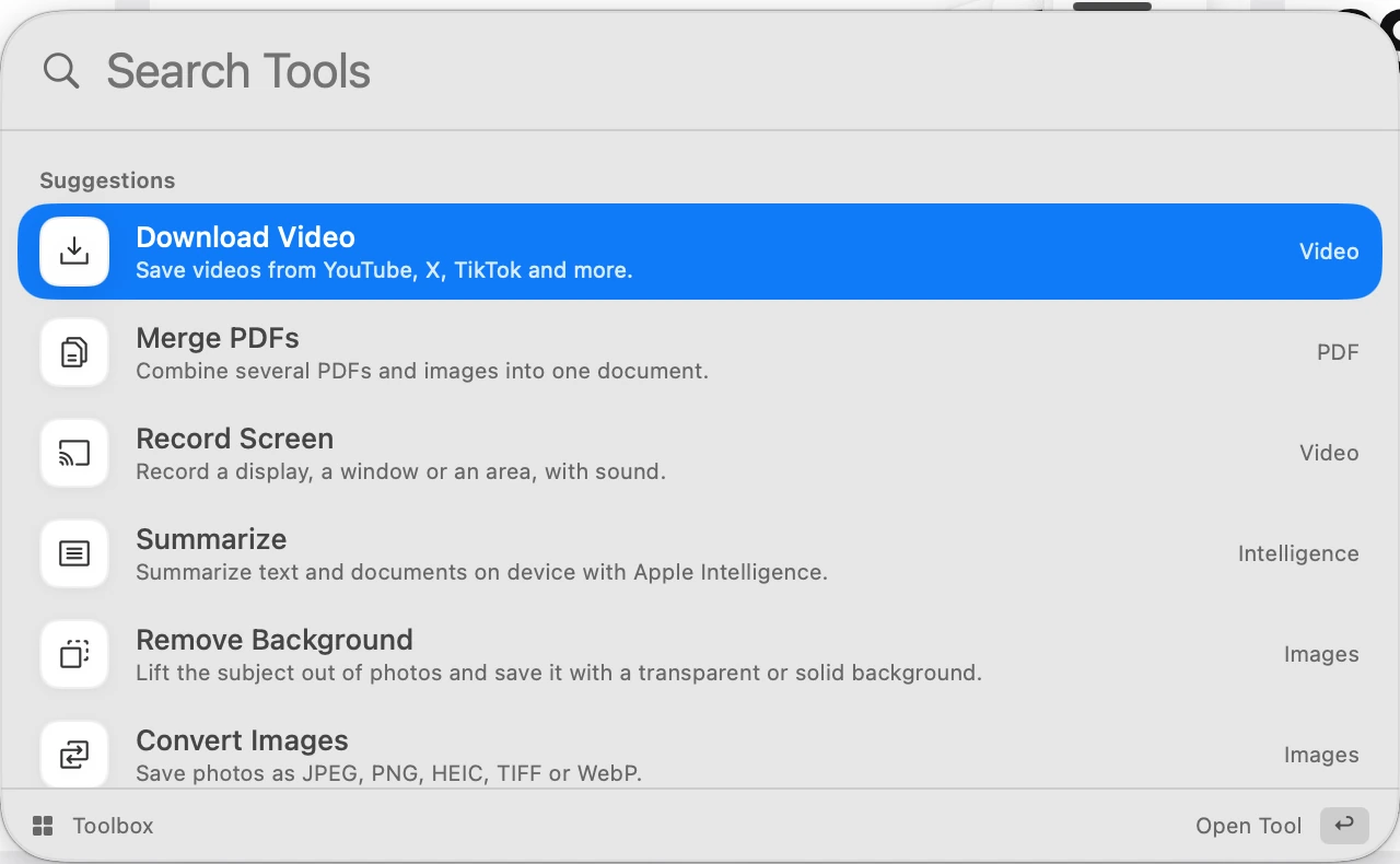 The Toolbox launcher: a Search Tools field suggesting Download Video, Merge PDFs, Record Screen, Summarize, Remove Background and Convert Images.